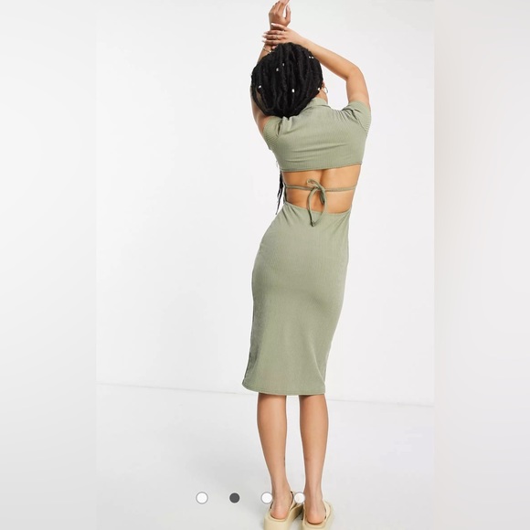 ASOS NWT size 4p Miss Selfridge Petite rib backless midi dress in khaki - Picture 2 of 4